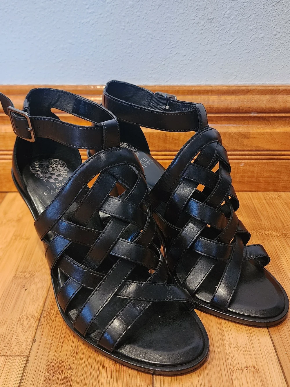 Vince Camuto Black Woven Leather Ankle-Strap Heels 8/5